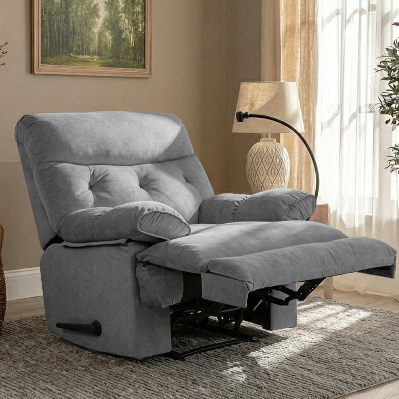 Manual Handle/Lever Recliner Chair with Sturdy Metal Support Frame, Extra Thick Padded Armrest & Built-in Phone Holder, Velvet Recliner for Living Room, Bedroom, Home Theater-Gray