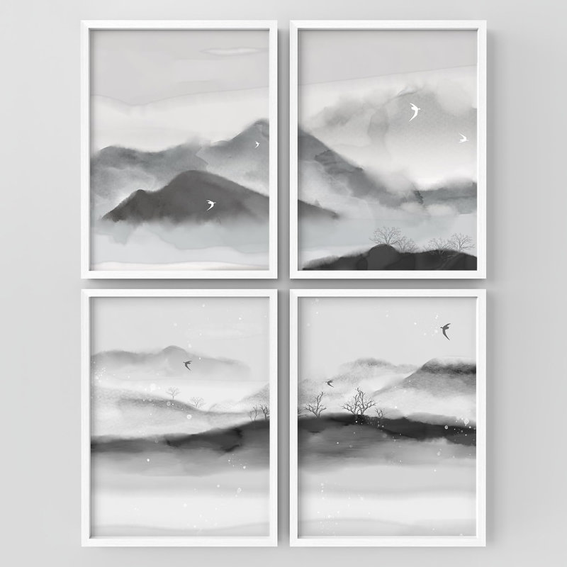 «Mountain Watercolor Paintings Serene Landscape Artwork Decor», 4 pièces, Blanc, H 14 po x l 11 po