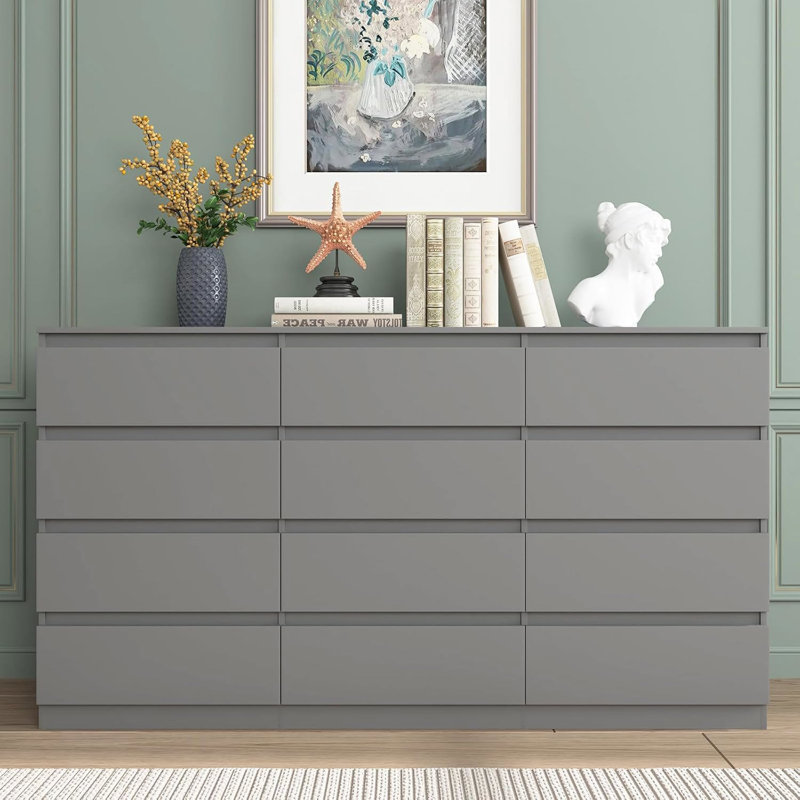 Commode 12 tiroirs Mid-Century pour chambre à coucher avec poignée cachée - gris, Gris