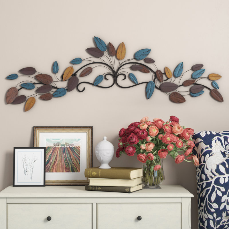 Blue Metal Leaf Distressed Scroll Home Wall Decor, 43" x 2" x 10"