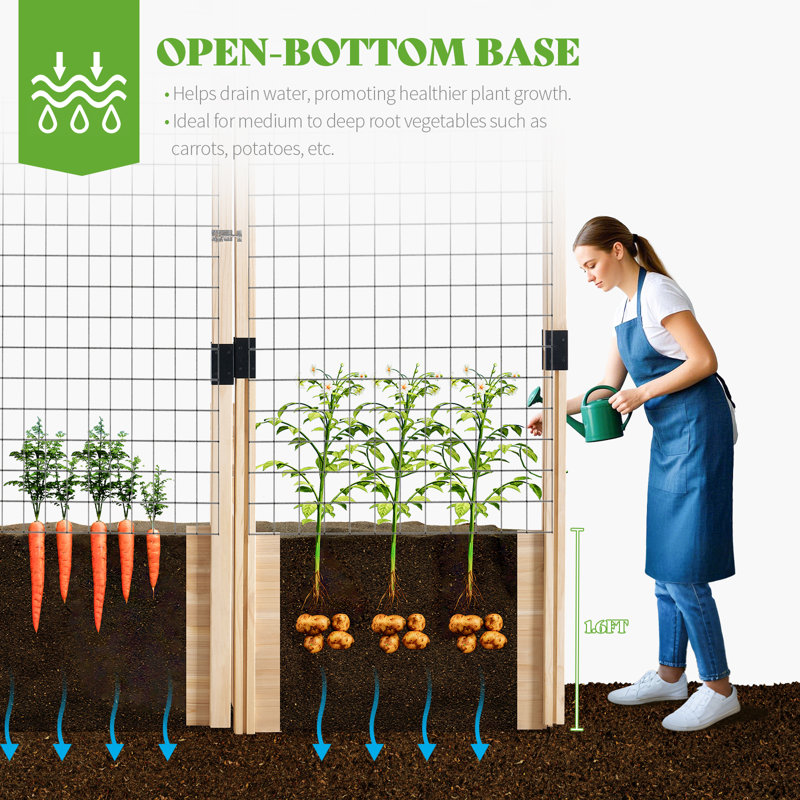 Raised Garden Bed with Deer-Proof Fence, 7.5 W x 17 D x 1.6 H Outdoor Wooden Planter Box with 19″ Deep Growing Bed