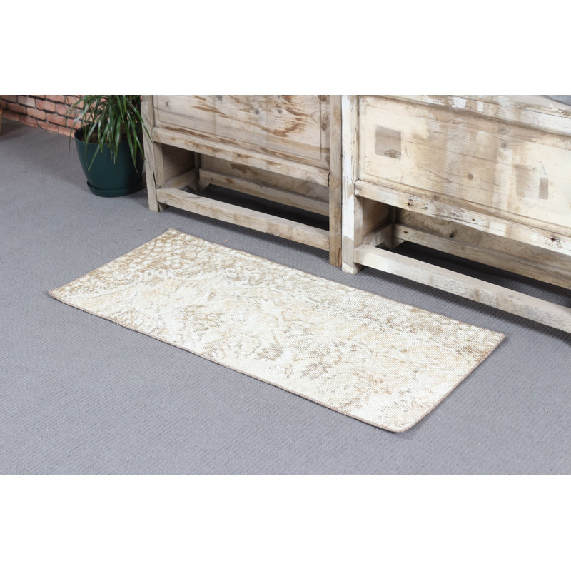 Beige Handmade Turkish Vintage Oushak Rug Serving As Aesthetic Entry Mat Ideal For Kitchen Or Other Home Spaces