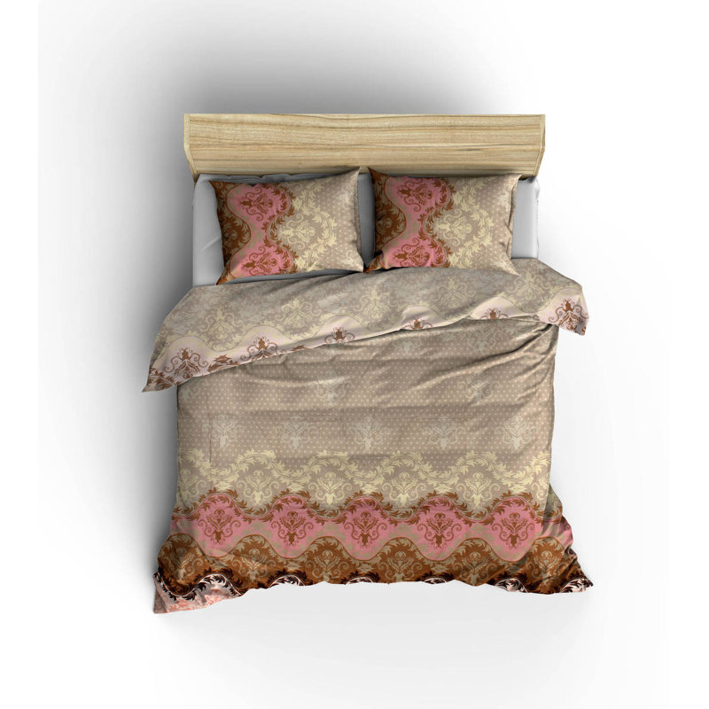 Ensemble de housse de couette 100% coton Cecil beige / rose, Housse de couette 61 po x 79 po + 1 taie d'oreille