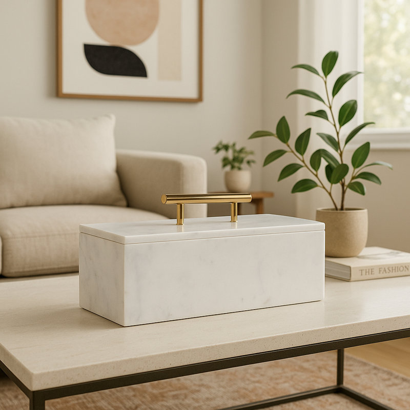 Decorative Rectangular Marble Box With Metal Handle For Home Decor - Marble Storage Organizer With Lid For Jewelry And Keepsake Decor - 16", White