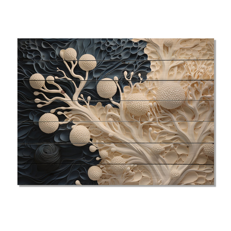 White And Blue Coral Flowers Collage I - Coastal Coral Under Water Wood Wall Art On Natural Pine Wood, 10" H x 20" W