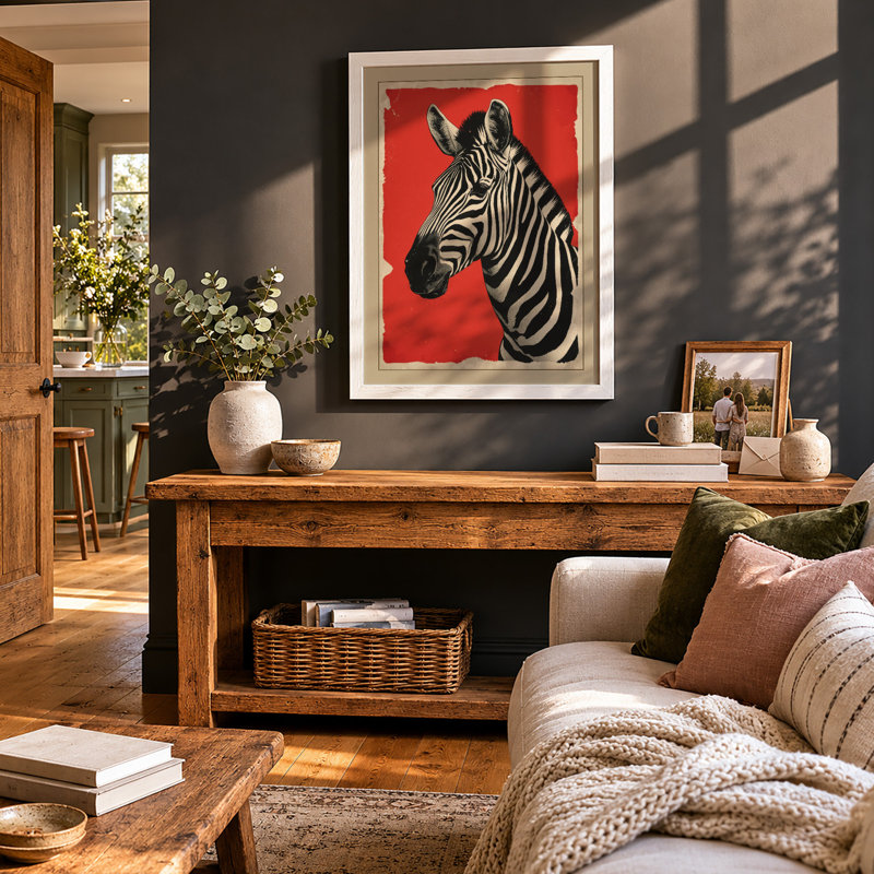 Zebra in Red Modern - Framed Print, A2 - 59.4 x 42.0 cm, White