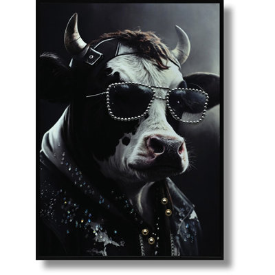 Rockstar Cow with Studded Attitude Canvas Wall Art - 21" x 29" - Black Frame
