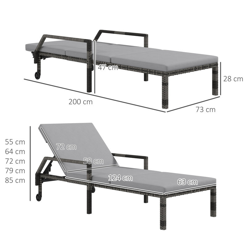 Abrea 200cm Long Reclining Single Chaise with Cushions, Grey