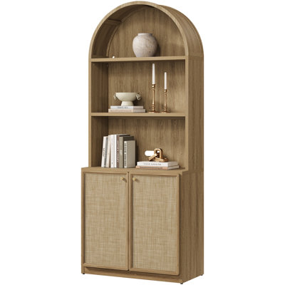 80" Boho Arched Bookcase with Rattan Doors, Tall Bookshelf with Storage Cabinet & Adjustable Shelves, Wooden Display Cabinet for Living Room, Bedroom & Home Office