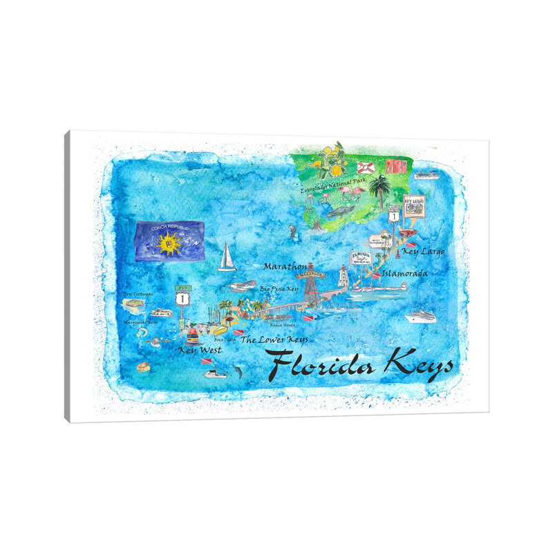Florida Keys Key West Marathon Key Largo Illustrated Travel Poster 1 Piece Painting on Canvas, Wrapped Canvas