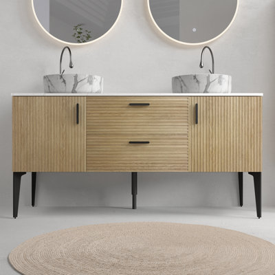 Emilia 60" Striped Natural Oak Bathroom Vanity with Carrara White Ceramic Sink, Freestanding Bathroom Vanity for Modern Bathroom, KD