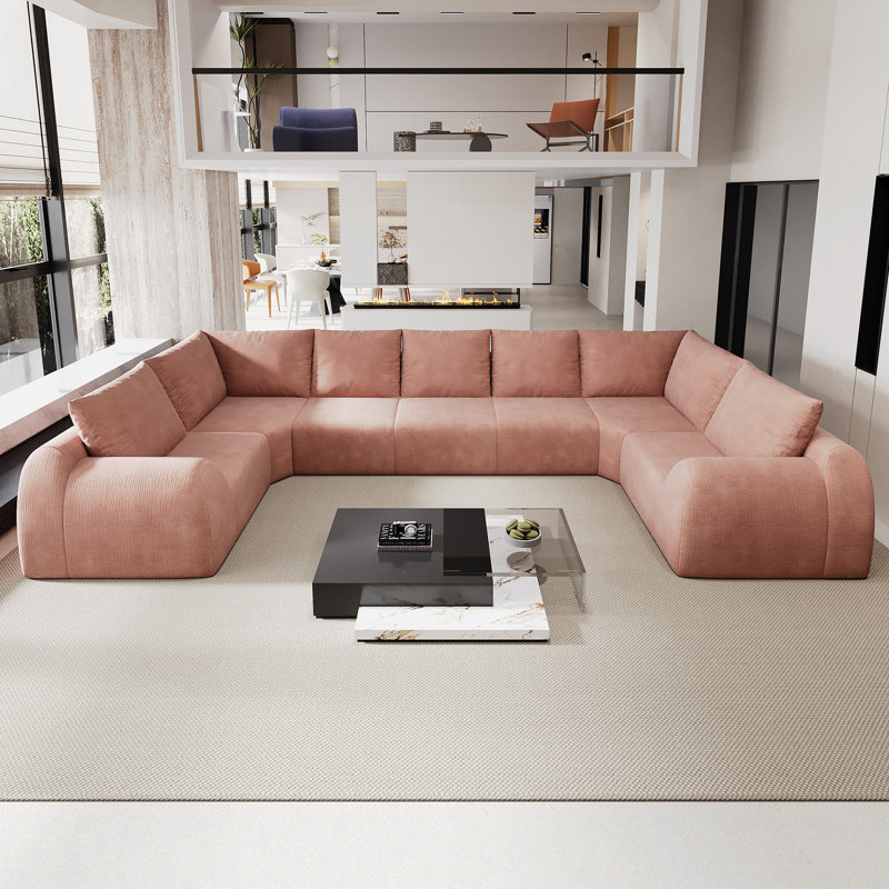 Canapé d'angle modulaire en forme de U Cloud, aucun assemblage requis, assise surdimensionnée en tissu, Pink Fabric, Pink