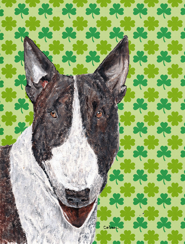 Drapeau de jardin à 2 côtés st. patrick day trèfle, Bull-terrier (brun et blanc)