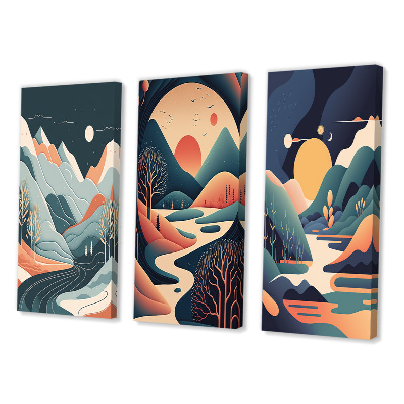 «Graphic Mountain Trees In Orange And Blue», 3 pièces sur toile, Toile tendue, H 20 po x l 36 po