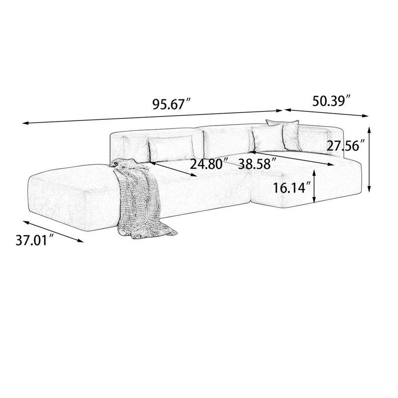 Canapé modulaire 2 pièces rembourré, Face à la droite, H 27,56 po x l 95,67 po x P 50,39 po