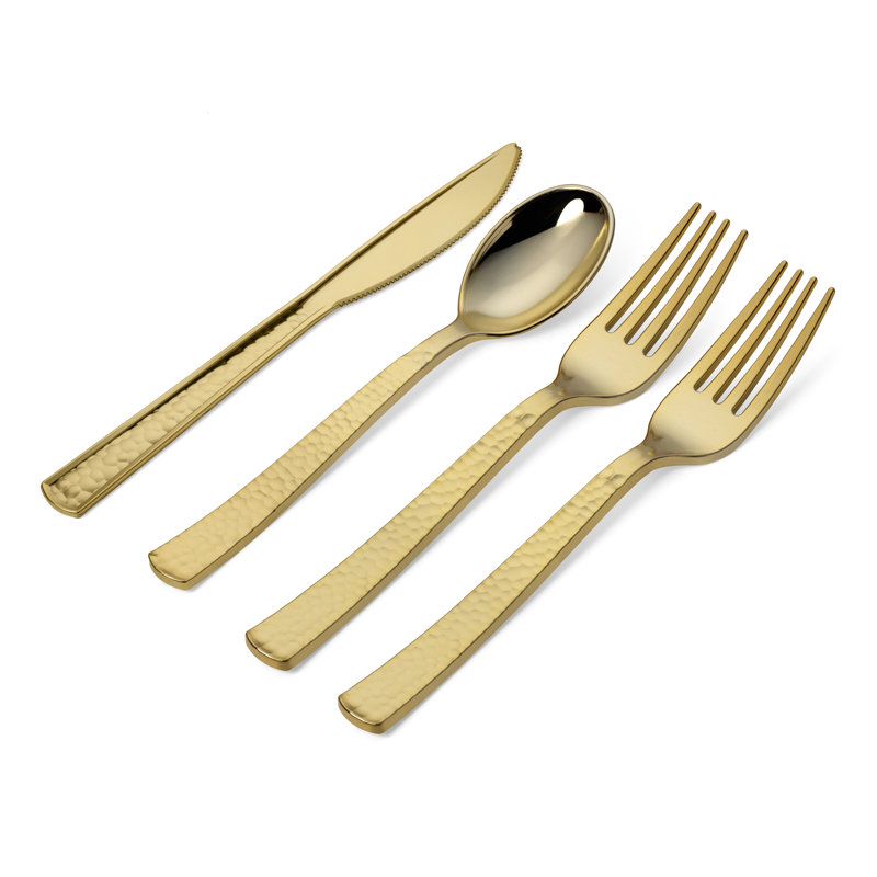 Ensemble de 300 couverts en plastique jetables dorés - Design métallique martelé | 150 fourchettes, 75 couteaux, 75 cuillères pour événements et fêtes