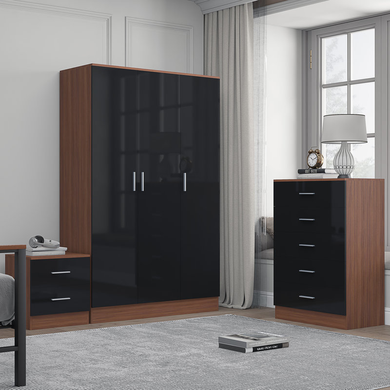 Eva Piece Bedroom Set, Black Gloss / Walnut