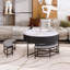 Table basse ronde moderne avec rangement et 3 repose-pieds blancs et noirs