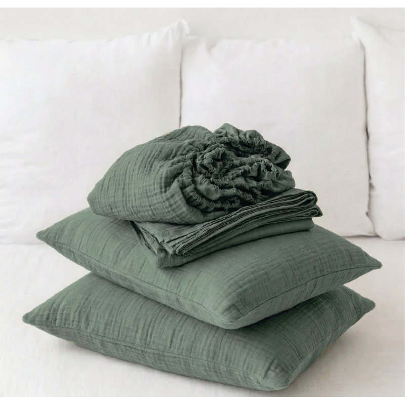 Ensemble de draps 4 pièces en mousseline de coton blanc et beige, Ensemble de draps pour grand lit + 3 pièces suppl