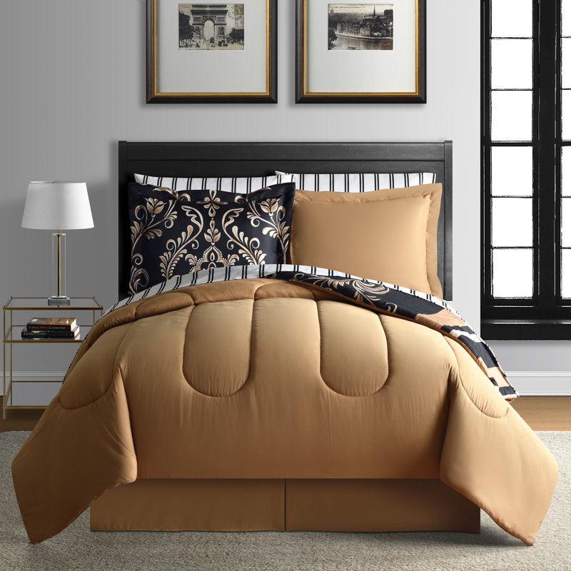 Sabrina Black and Gold Microfiber Queen Bed-in-a-Bag Set