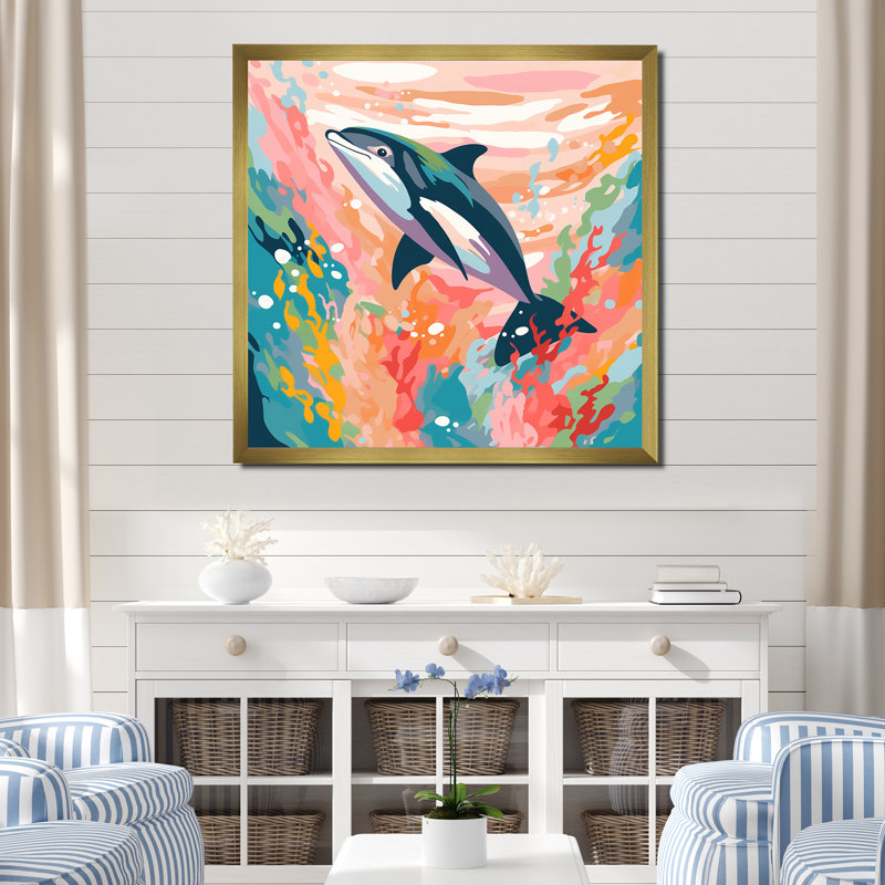 «Aquatic Elegance Dolphin Impression», art mural dauphin animaux, H 16 po x l 16 po x P 1 po, Cadre doré simple
