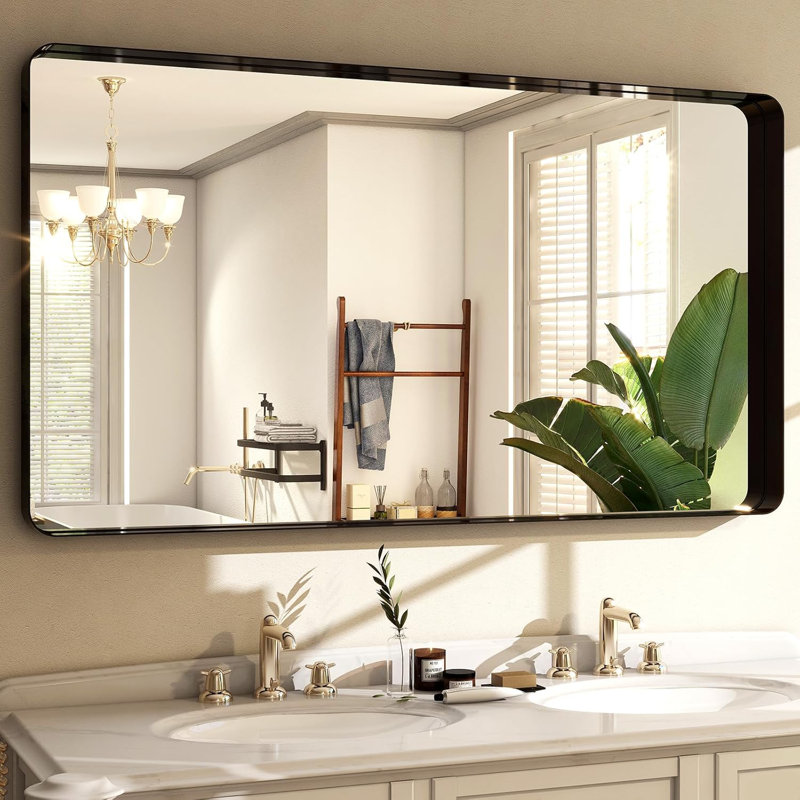 Miroir de salle de bain 48 po x 30 po - Miroir noir moderne pour mur avec coins arrondis, miroirs de salle de bain, miroir en aluminium encadré Portrait