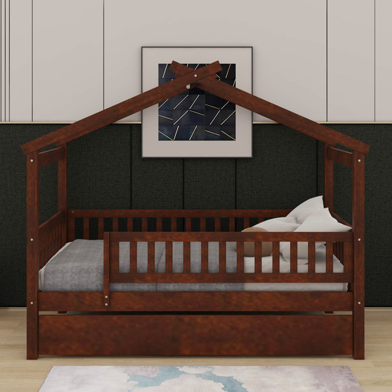 Lit simple en bois avec lit gigogne, Noyer, Lit simple