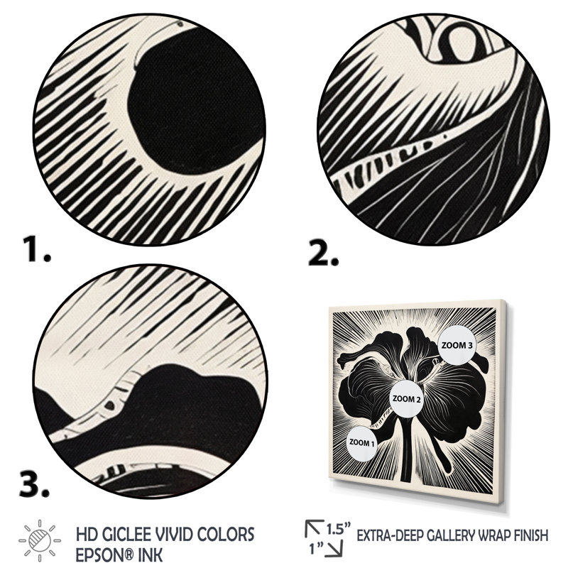 Fleur d'iris abstrait noir et blanc sur toile, Cadre simple argenté, H 24 po x l 24 po x P 1 po