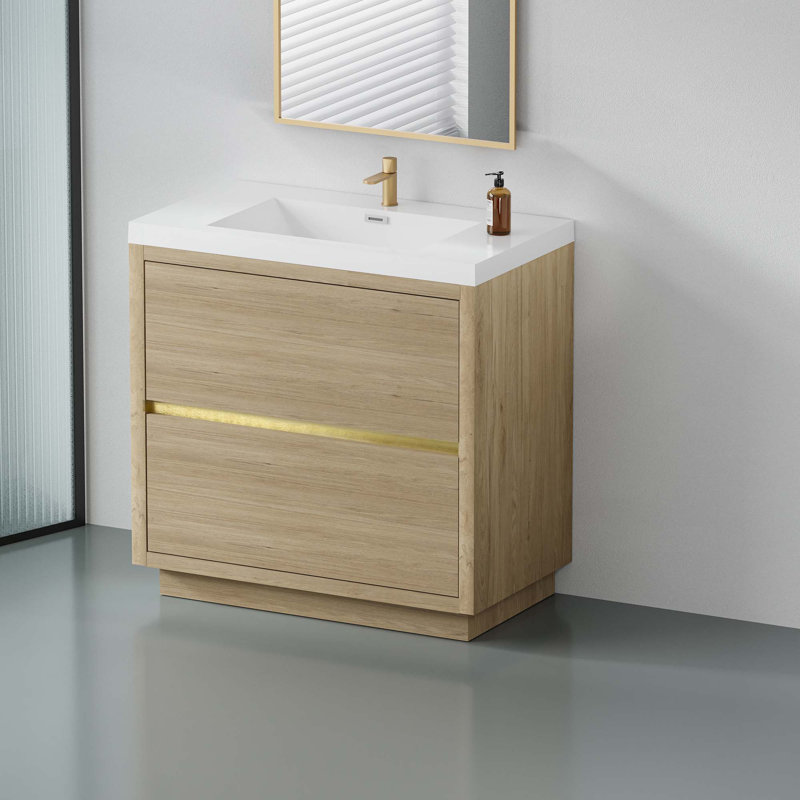 Meuble-lavabo autoportant avec lavabo, meuble-lavabo avec comptoir en résine de pierre et tiroirs à fermeture en douceur