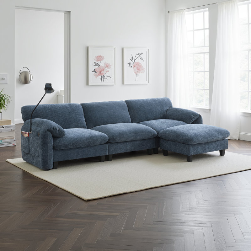 108" Chenille Sectional Sofa with USB Chargers & Storage Ottoman, 330lb/Seat Capacity, Blue Chenille