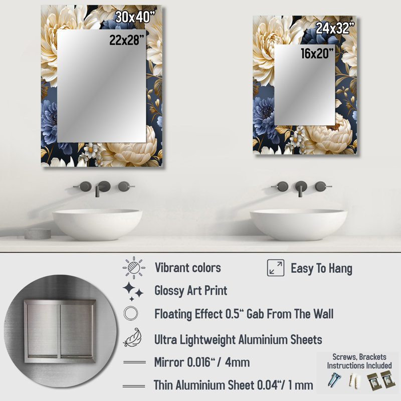 Berthony Botanical Damask Haven - Floral Unique Mirror, Cottage Large Wall Mirror, Printed Metal Art, 40" x 30"