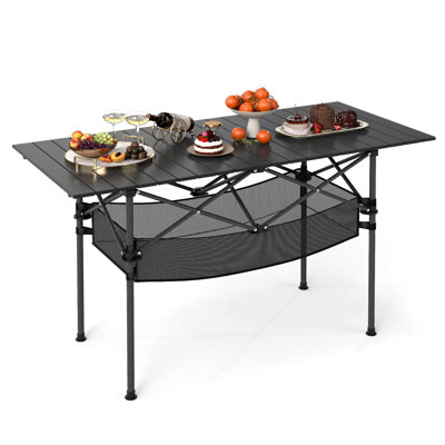 Patio Folding Camping Table with Aluminum Roll-up Tabletop & Mesh Basket 