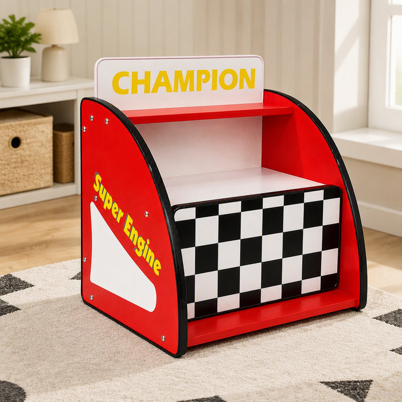 Table de chevet Kids Racing Car avec tablette de rangement ouverte, 1 tiroir, bande de protection arrondie, Rouge