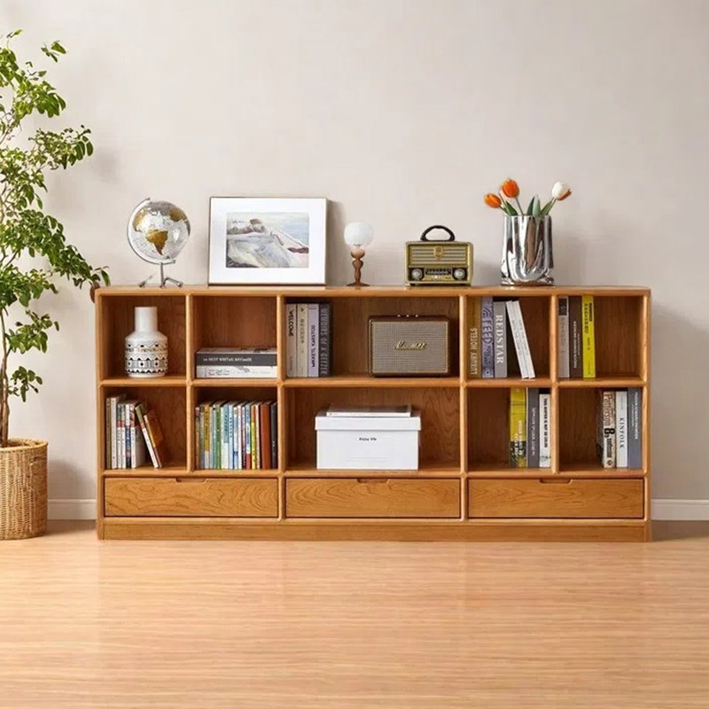 Wooden Display Cabinet with Open Shelves and Bottom Drawers, 70.87 Inches Long, Multifunctional Side Cabinet