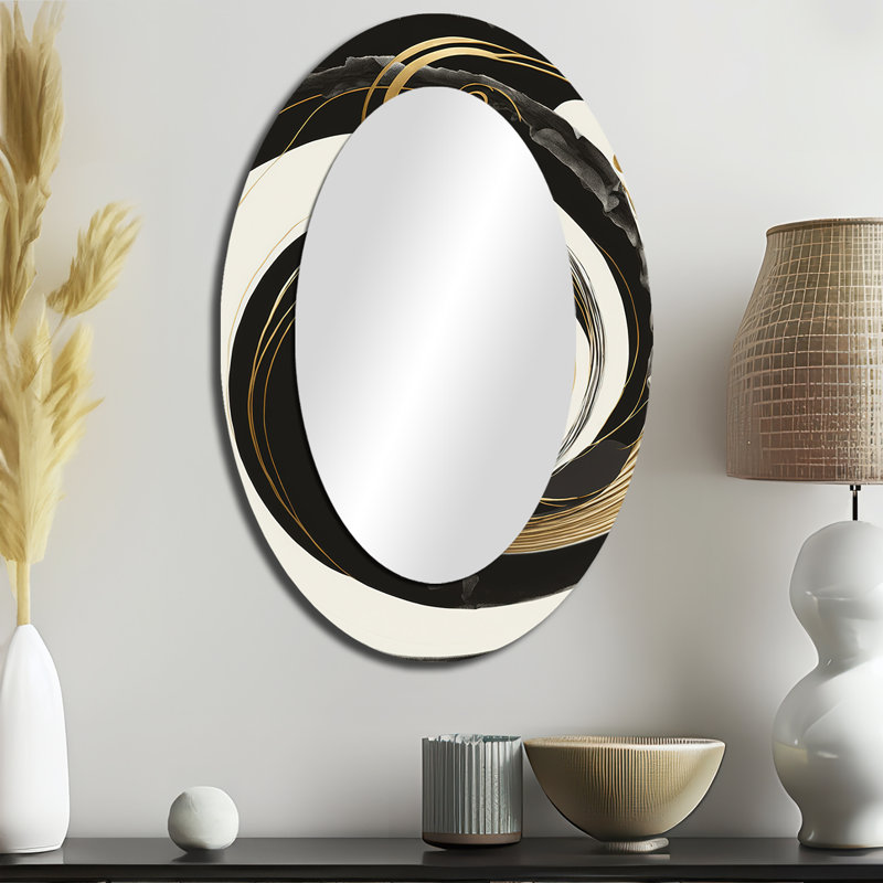 Black, Gold Blending Swirls II - Black Oval Wall Mirror Decor, 36" x 24"