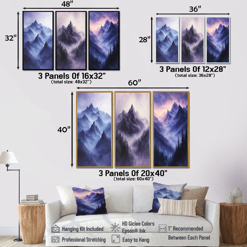 Misty Peaks In The Twilight III - Collection d'art mural paysage de montagnes, H 28 po x l 36 po, Cadre crème crème