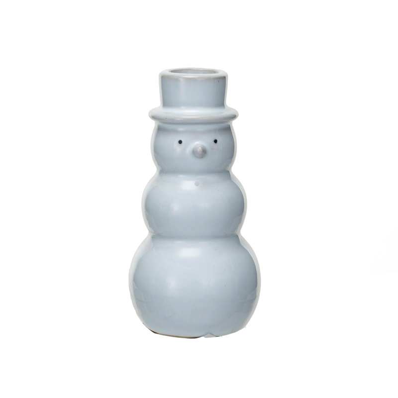 Large Stoneware Snowman Shaped Taper Candleholder With Reactive Glaze, 4.75" H x 2.38" W x 2.38" D