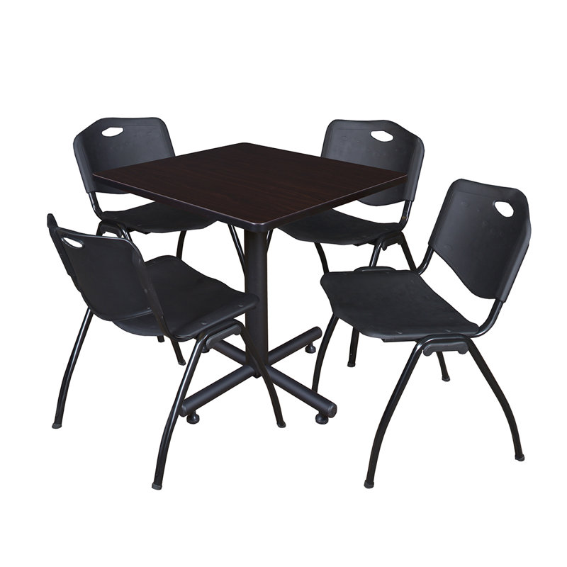 Table de salle de repos carrée Nicklo, chaises empilables 4 M, Cerisier, Noir
