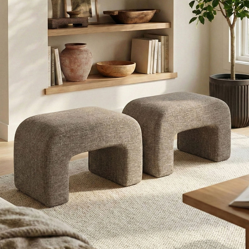 29" Upholstered Fabric Ottoman, Light Brown