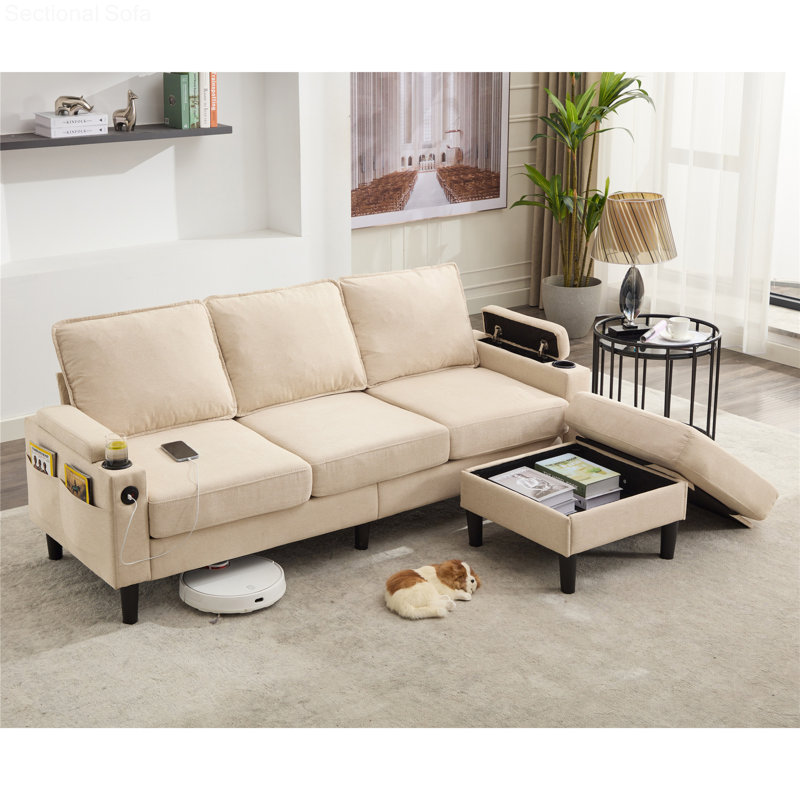 Knock Down 3-Seat Combo Sofa With Storage Ottoman  For Living Room Apartment  Bedroom And Compact Room, Upholstered Sectional Couch, L Shaped  Bench With A Footrest, A Individual Sto