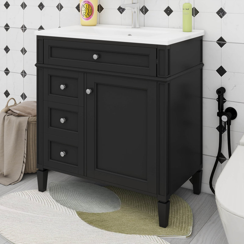 Ensemble de meuble-lavabo 30 po avec lavabo, 2 tiroirs et un tiroir basculant, porte d'armoire à fermeture en douceur, Noir