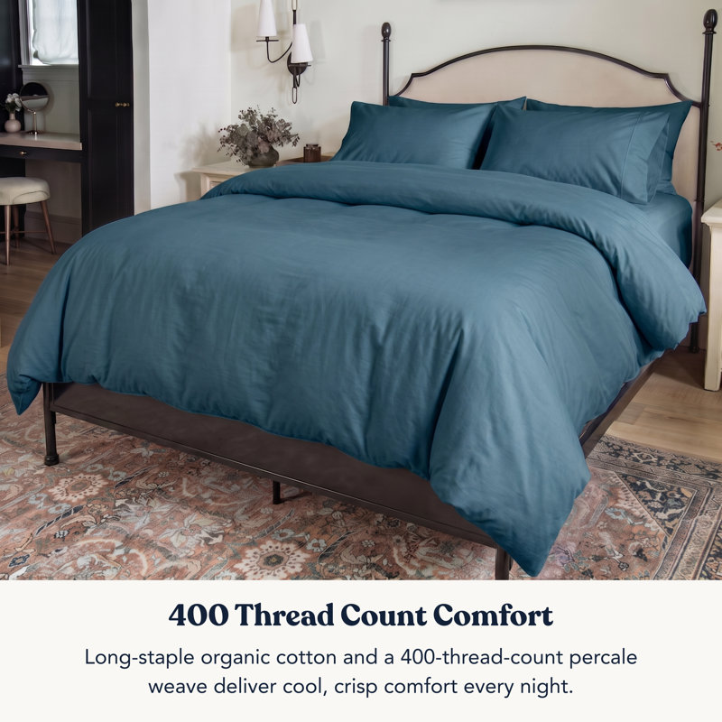 Ensemble de housse de couette en percale 100% coton biologique Delara GOTS - 400 fils, lisse et respirante, Bleu minuit