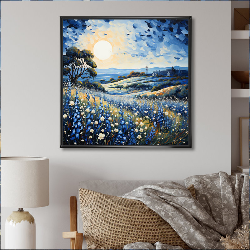 Blue Bonnets Field Pointillism I, H 16 po x l 16 po x P 1 po, Cadre flottant noir