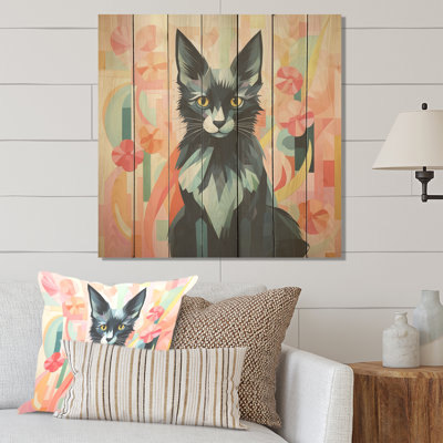 «Black Playful Cat Floral Meadows» - Chat sur impression sur bois