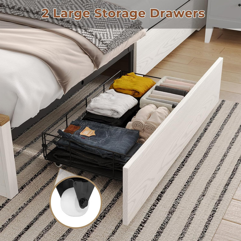 King White Oak Bed Frame with Storage and LED Headboard