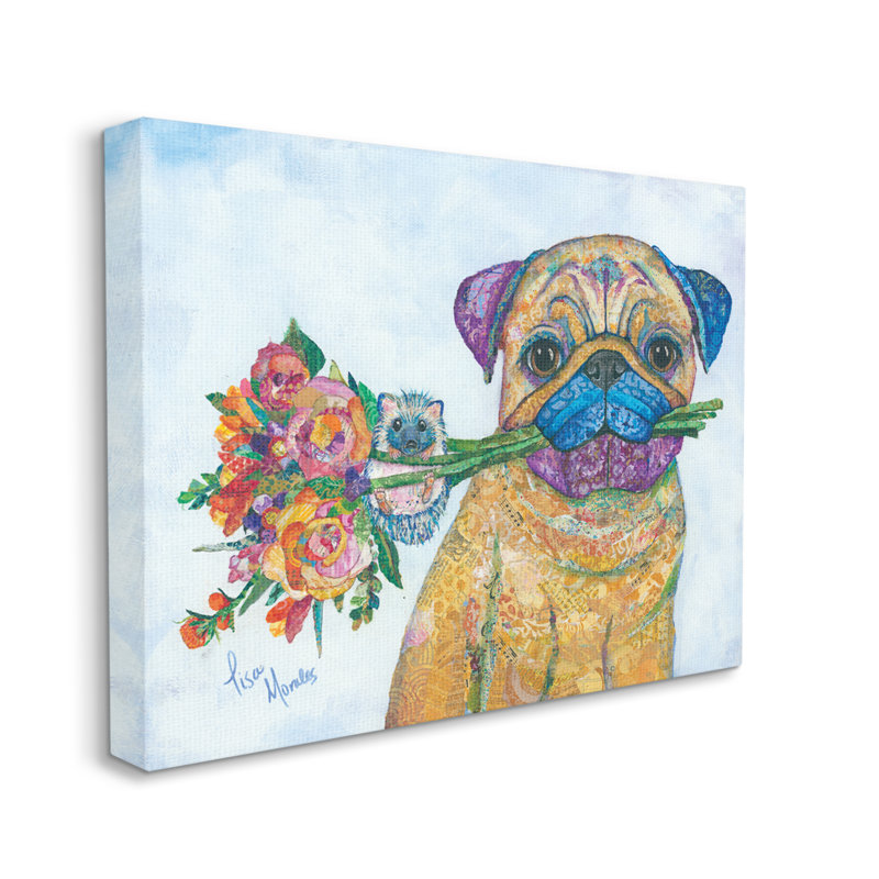 «Pug and Hedgehog Layered Paisley Patterns Animals Collage» par Lisa Morales - peinture sur toile tendue, Toile tendue