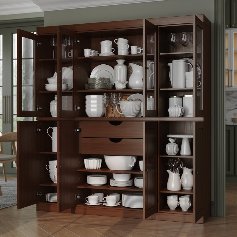 Armoire de cuisine haute 100% en bois massif avec portes en verre et 2 tiroirs, tablettes réglables, armoire de rangement modulaire de cuisine Pulcova, l 65 po x H 71,5 po