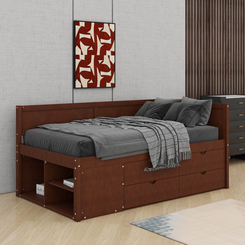 Twin Size Daybed With Drawers And Shelves, Walnut, Twin