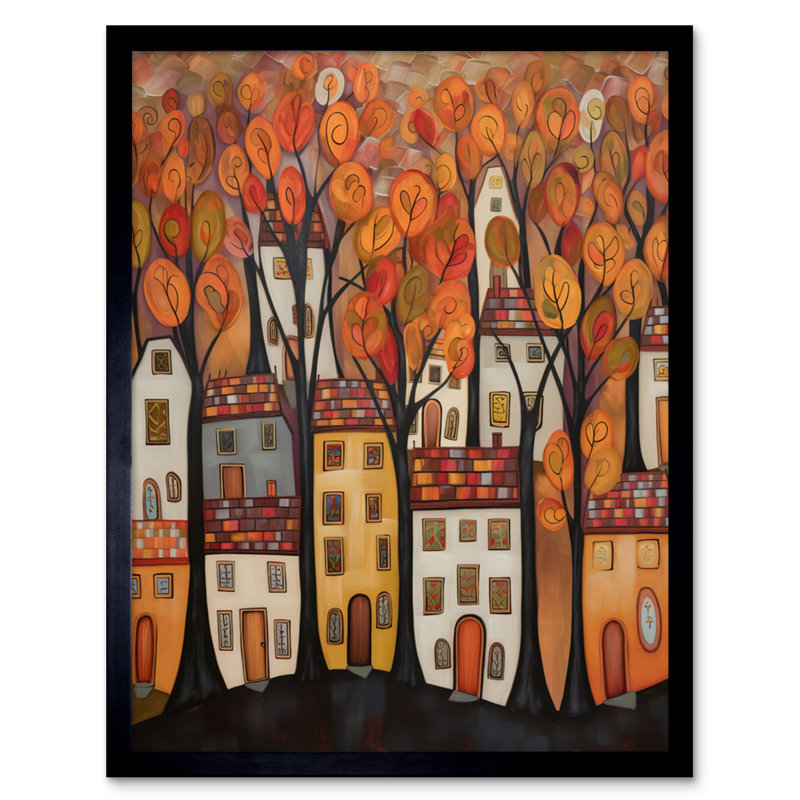 Cityscape With Trees In Autumn Contemporary Folk Art Painting Artwork Framed Wall Art Print 9X7 Inch