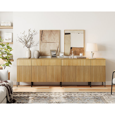 Ensemble d'armoires décoratives 94,5 po Reeded avec station de charge, armoire de rangement moderne avec portes et tiroirs pour le salon, la cuisine, la salle à manger, le couloir